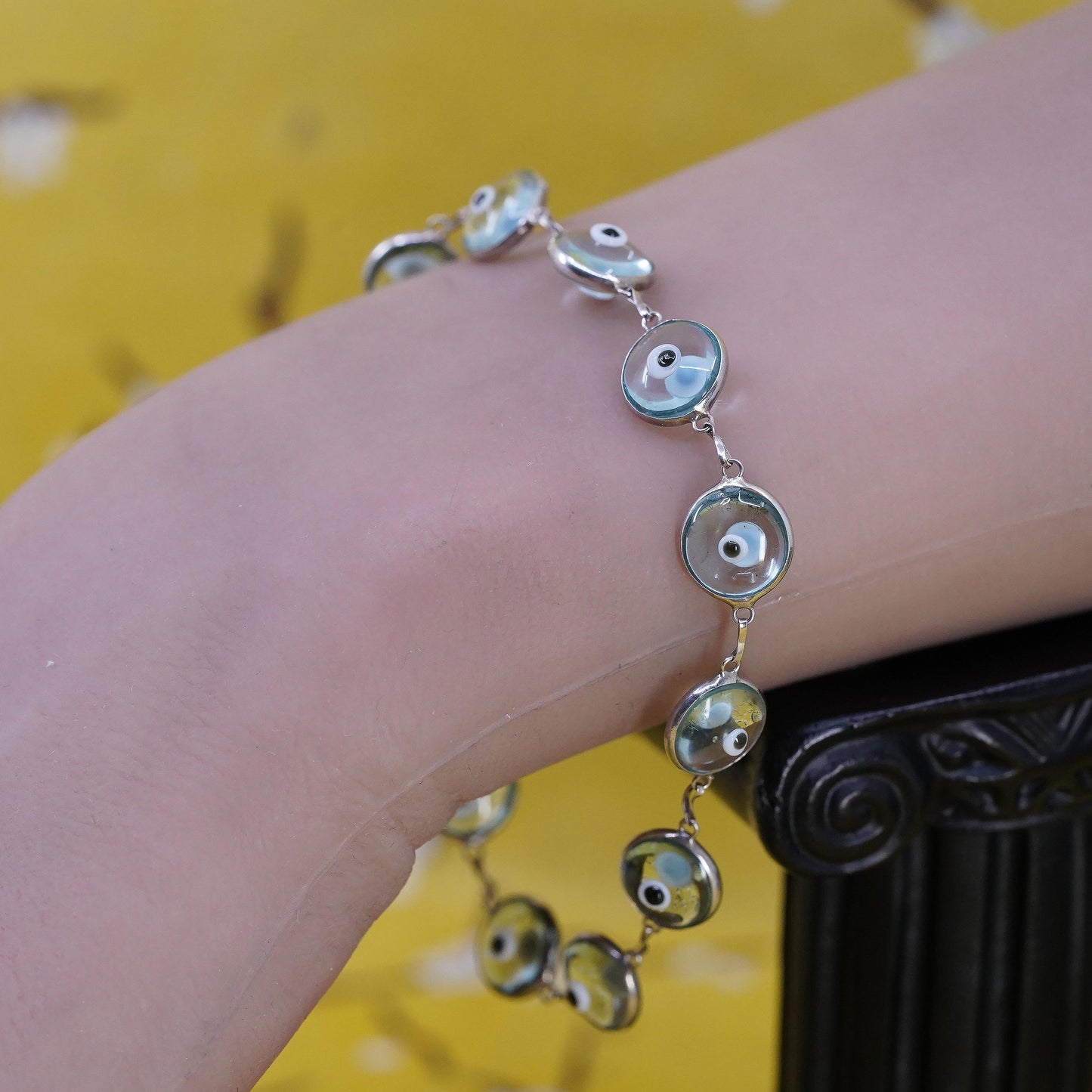 7.25", VTG sterling 925 silver handmade bracelet light blue evil eye bracelet