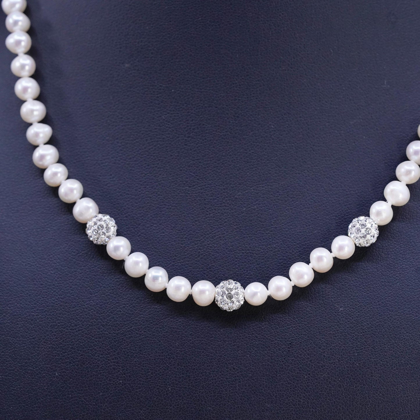 18", vintage Sterling 925 silver necklace 6mm freshwater pearl cluster cz beads