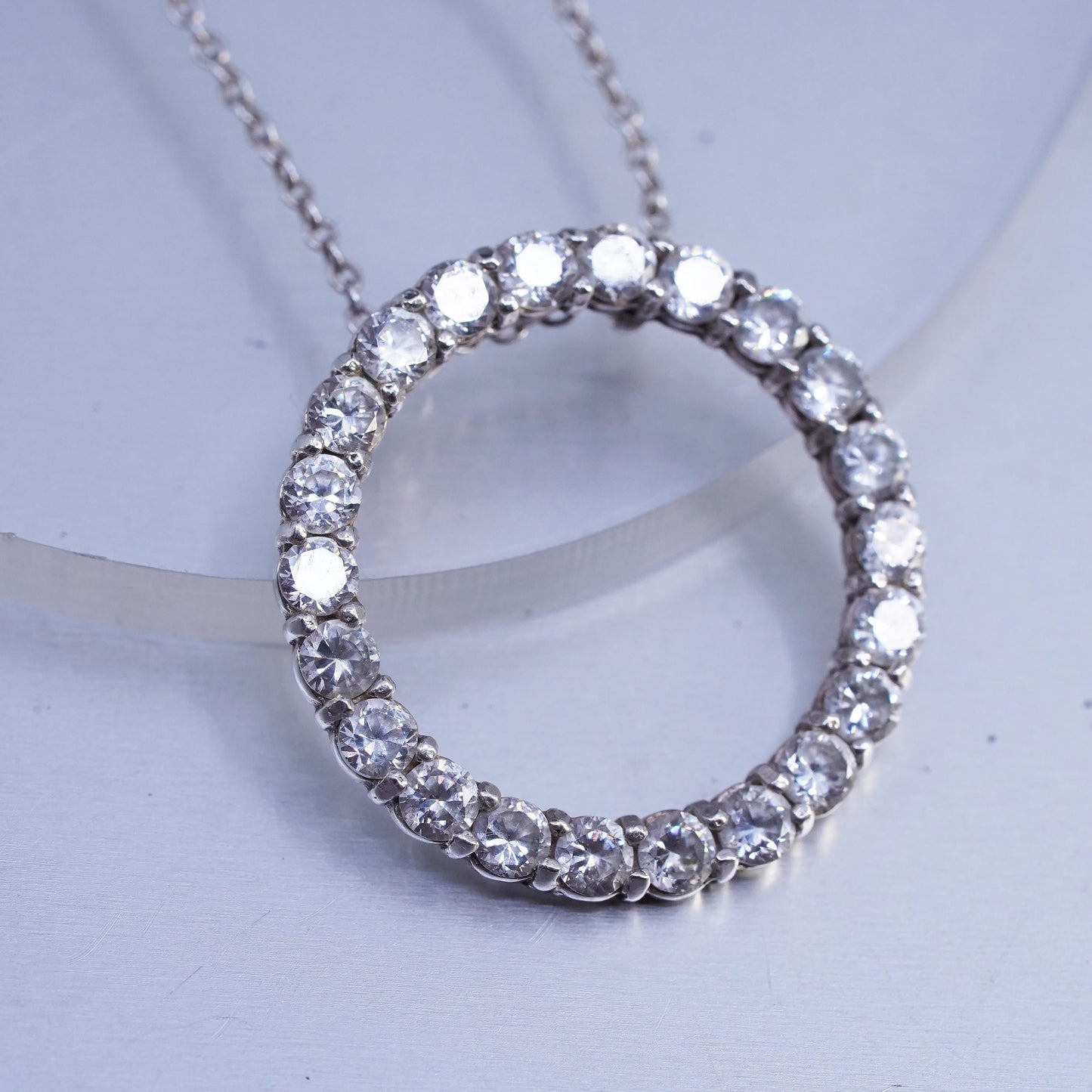 16+2”, Sterling 925 silver circle pendant necklace with circle pendant and Cz