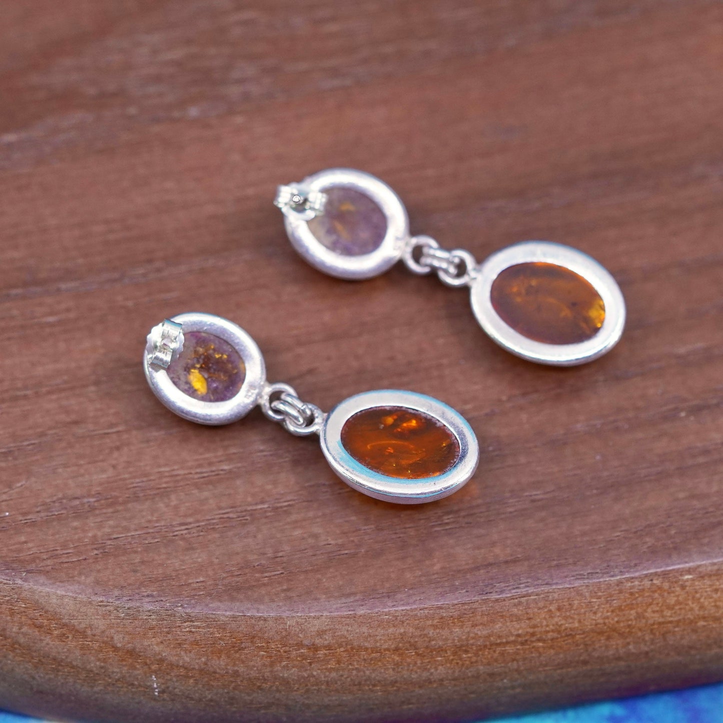 Vintage sterling silver 925 handmade earrings with oval amber