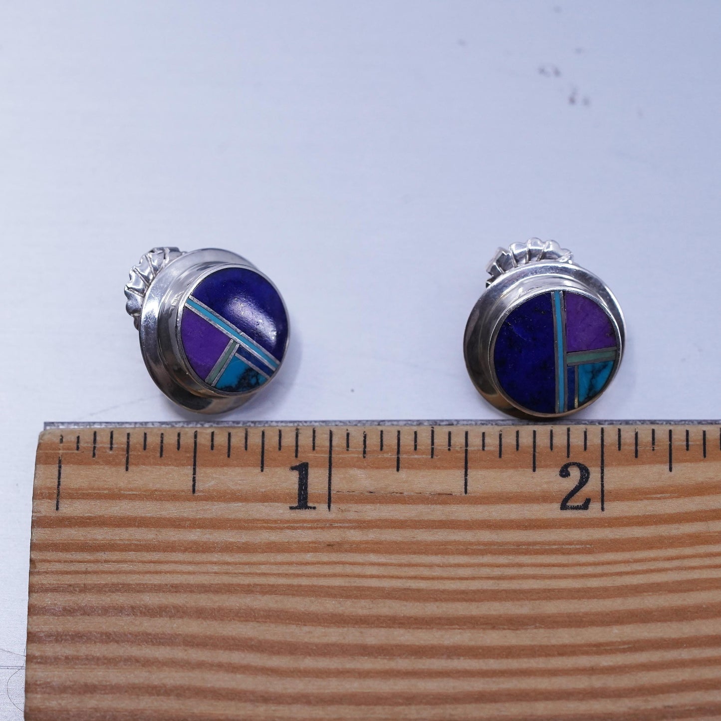 Native American Zuni W Sterling 925 silver earrings, studs turquoise lapis