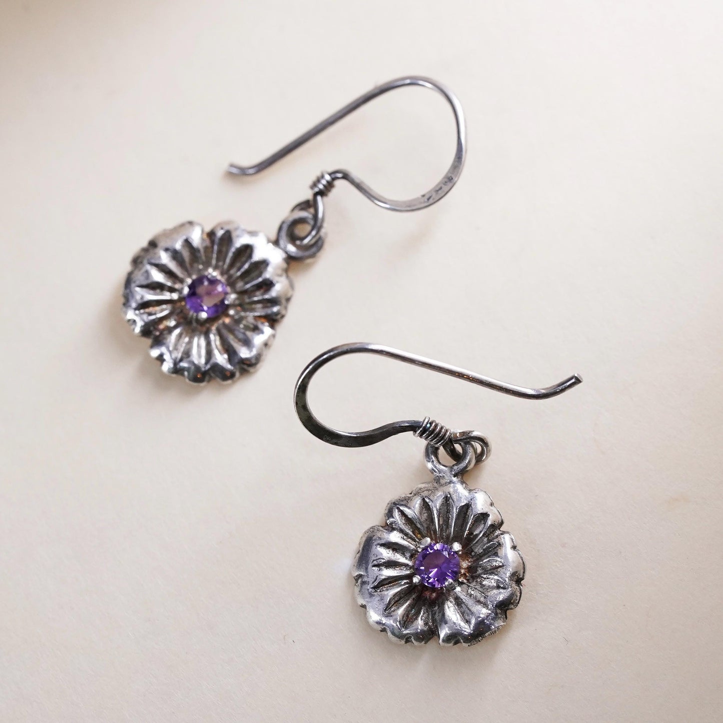 Vintage sterling silver handmade earrings, 925 flower with amethyst