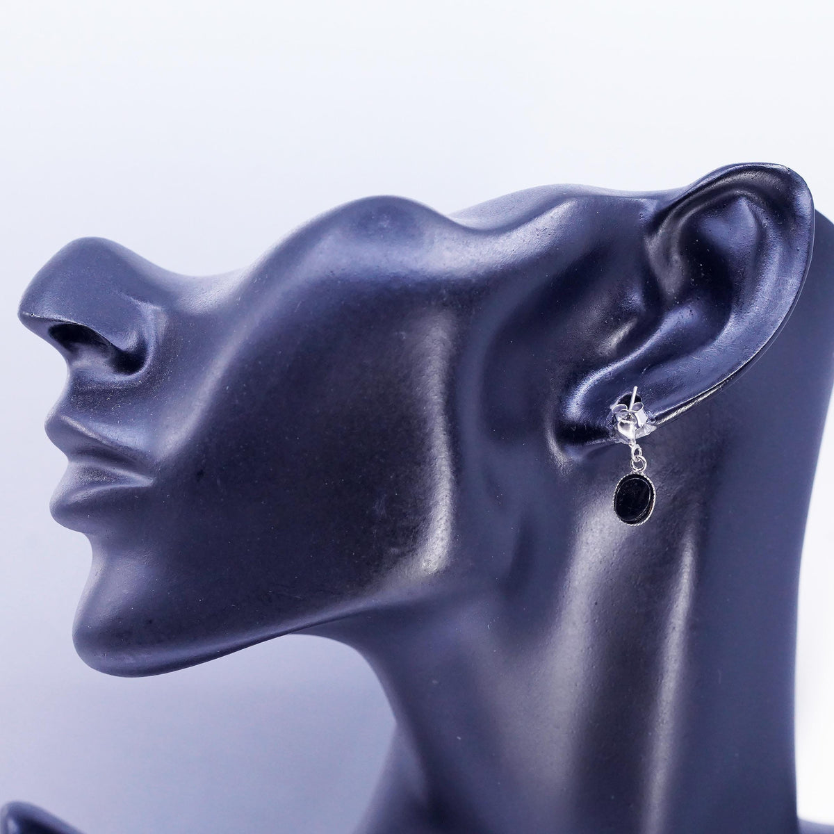 Vintage Sterling 925 silver earrings with oval onyx beads