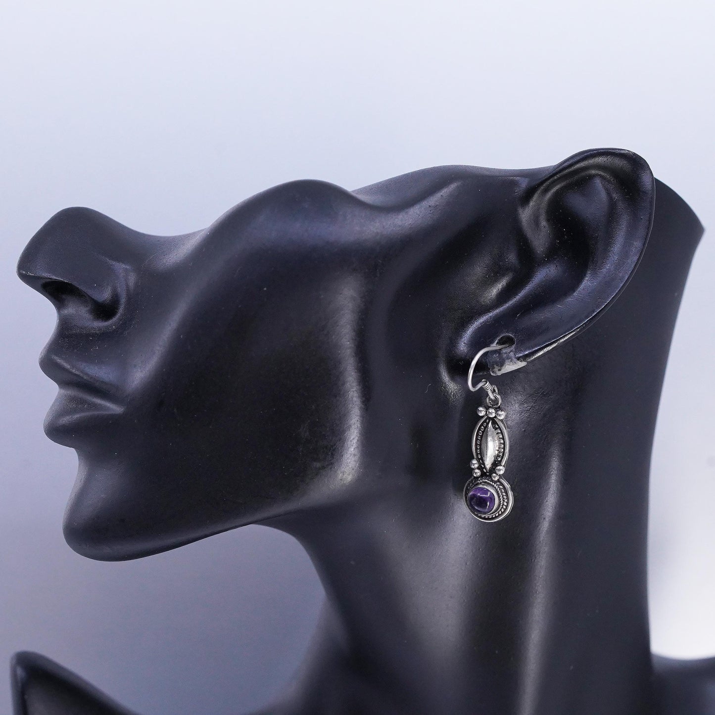 Sterling Silver Amethyst Dangle Earrings, 925 Southwestern Drops, Cabochon