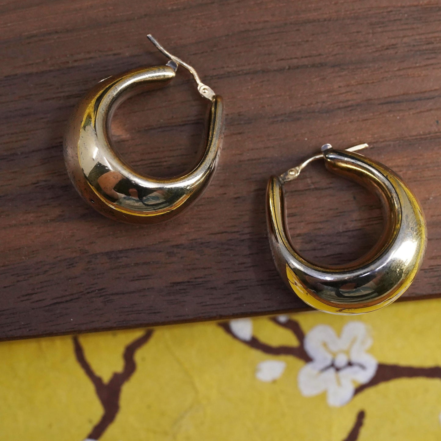 1", Italia vermeil gold plated Sterling silver earrings, 925 puffy chunky hoops