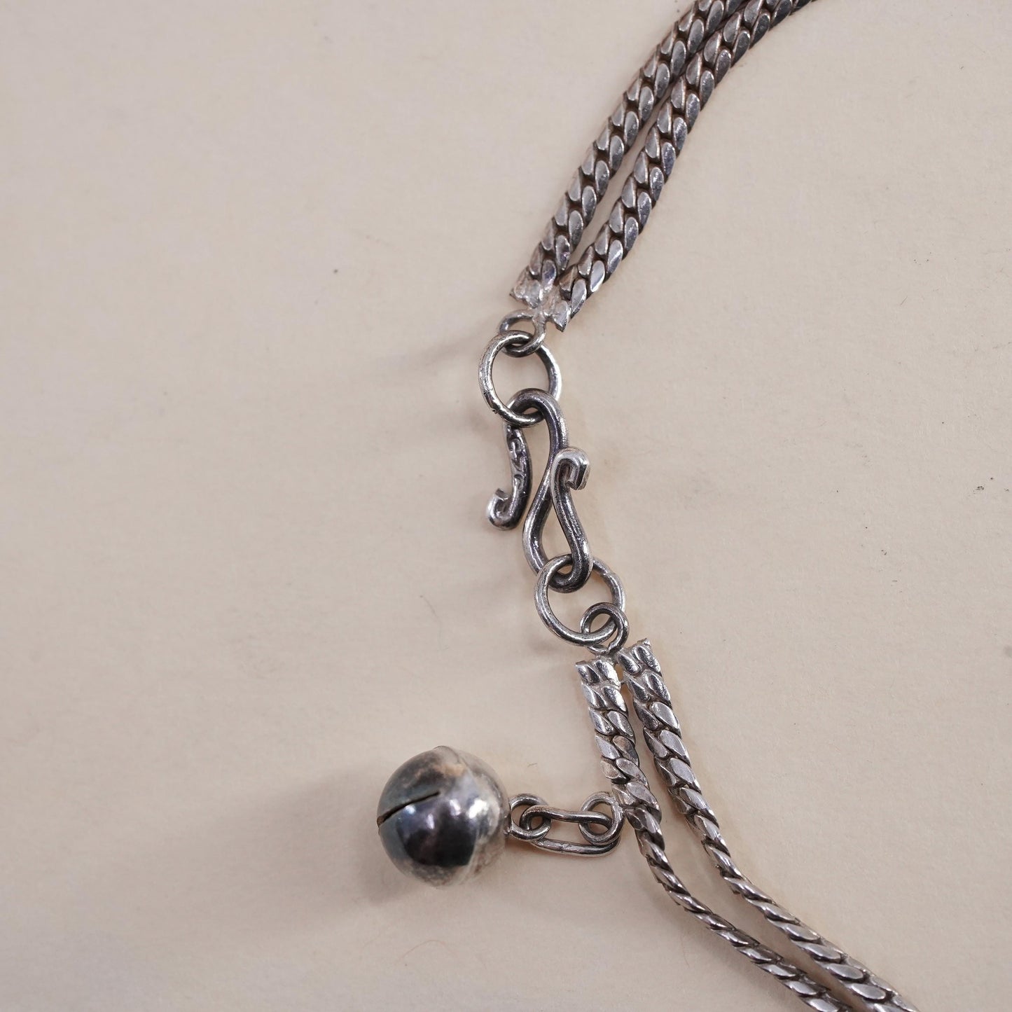 7”, vintage Sterling Silver Bracelet, 925 curb chain with heart and bell chime