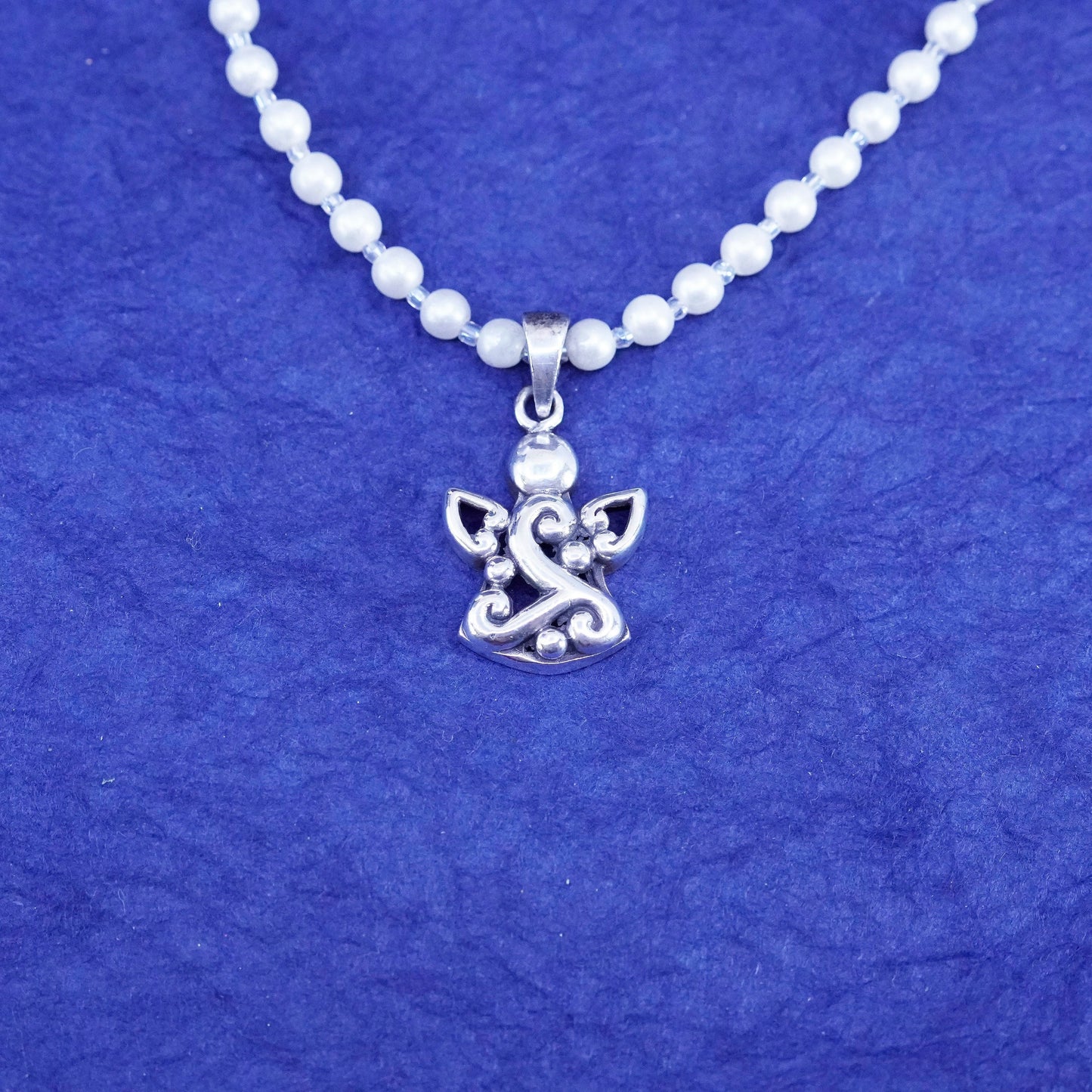 18”, vintage silver tone necklace, faux pearl beaded chain with filigree Angel