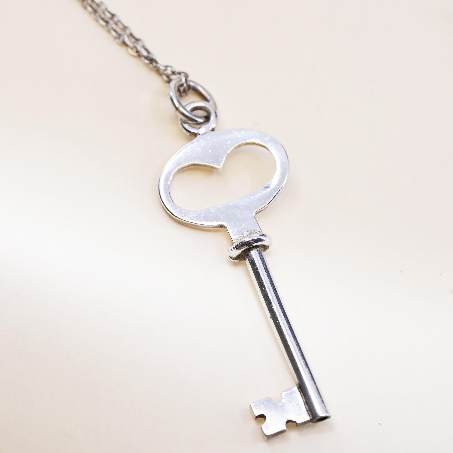 16”, vintage sterling silver handmade necklace, 925 circle chain key pendant