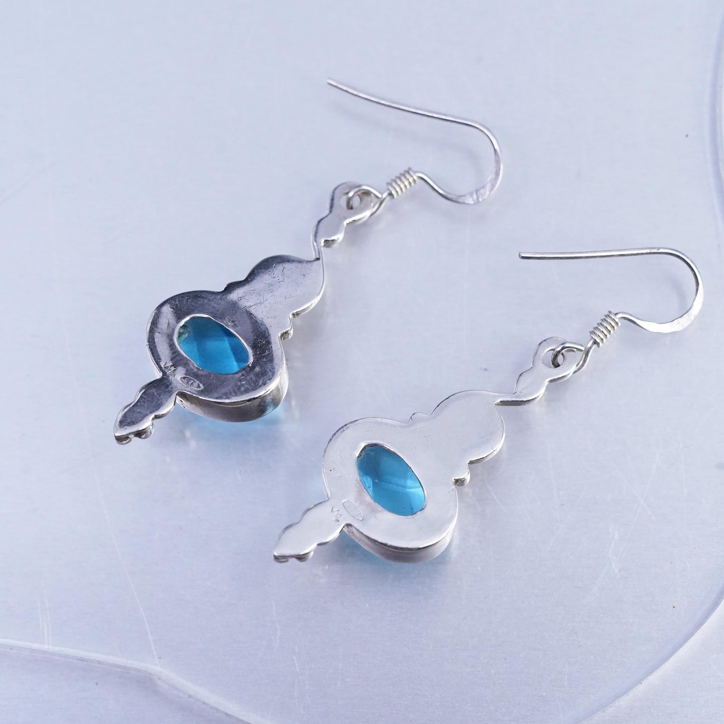 Vintage Sterling 925 silver handmade spiral earrings with blue crystal