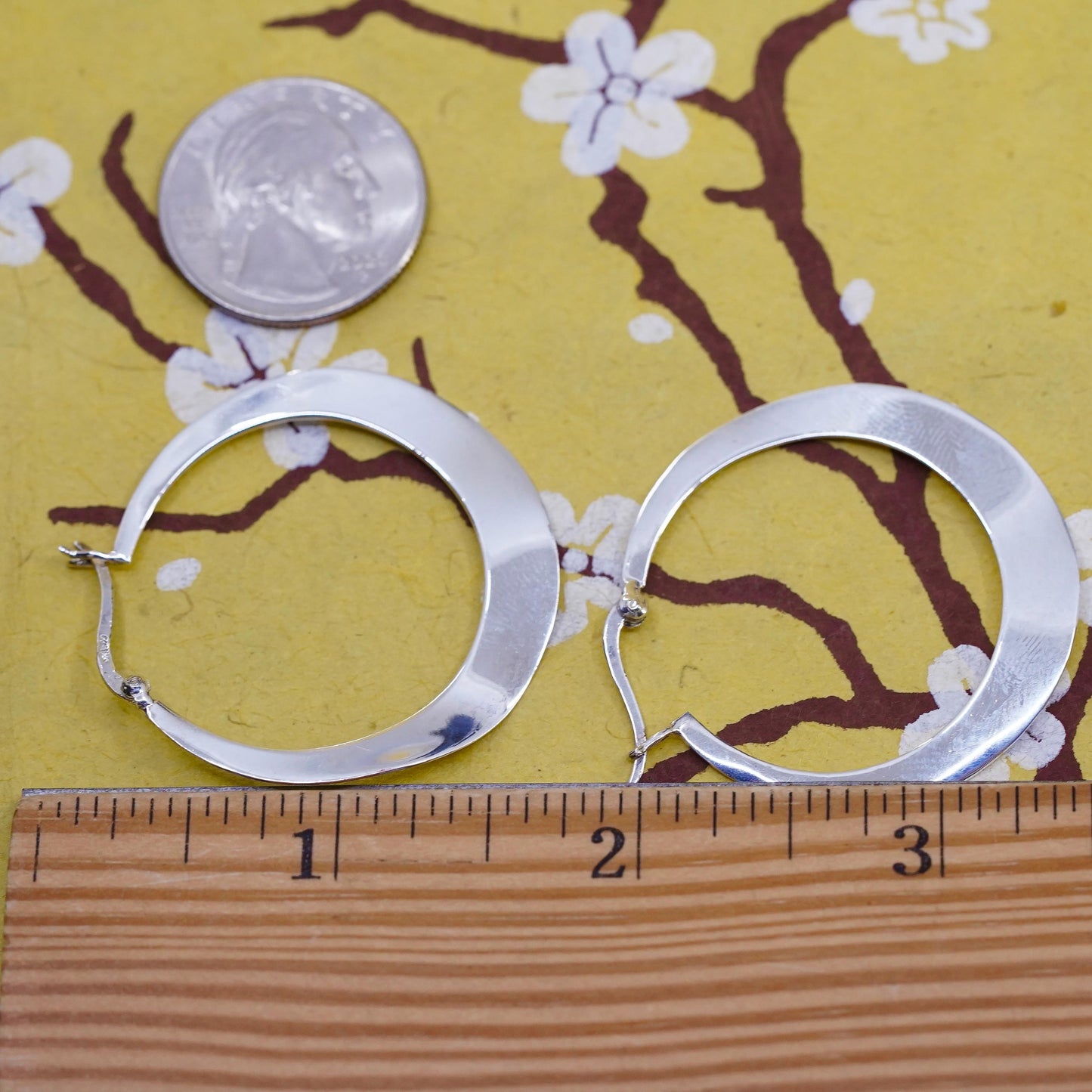 1.5", vintage Sterling silver handmade earrings, flatten wavy 925 silver hoops