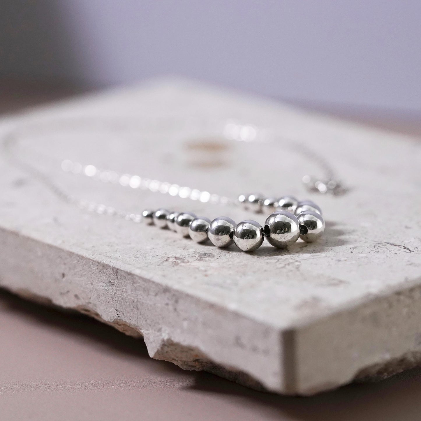 18”, Sterling silver handmade necklace, 925 graduated beaded chain beads