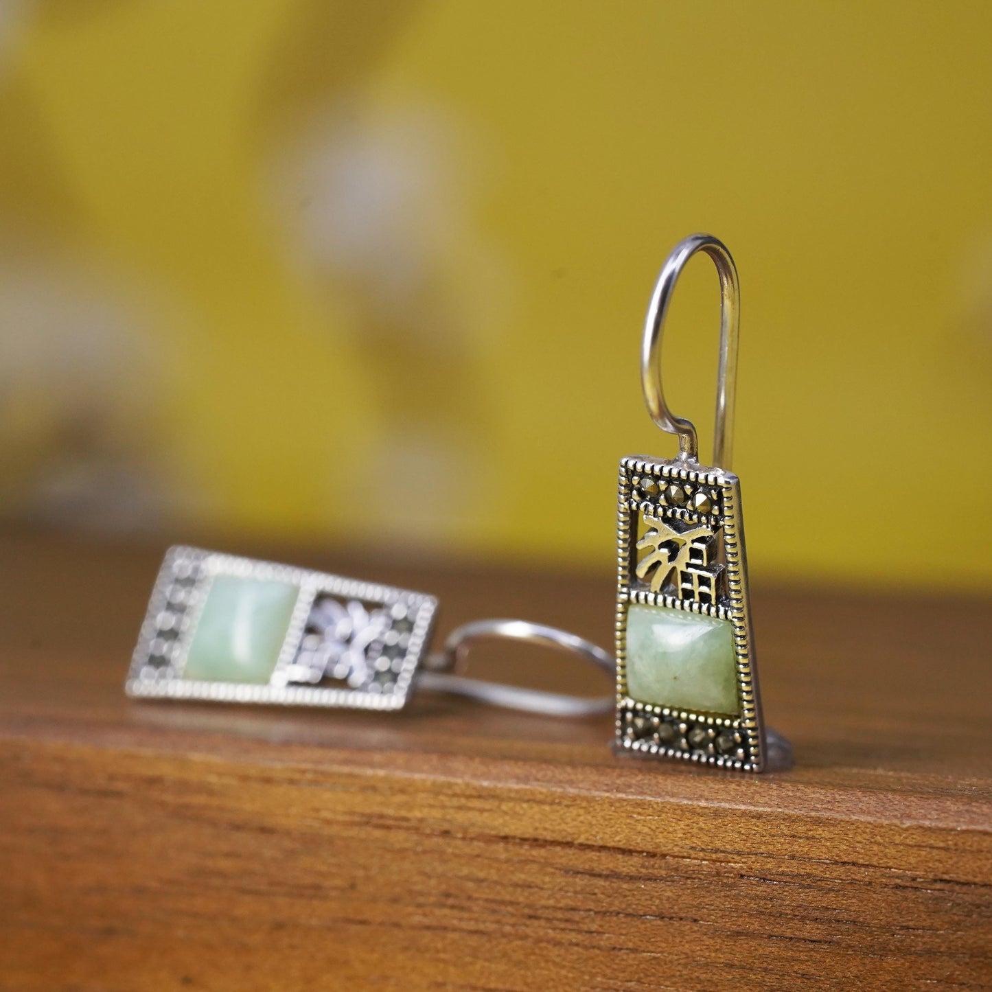 Sterling 925 silver Chinese word “happiness” earrings with jade and marcasite