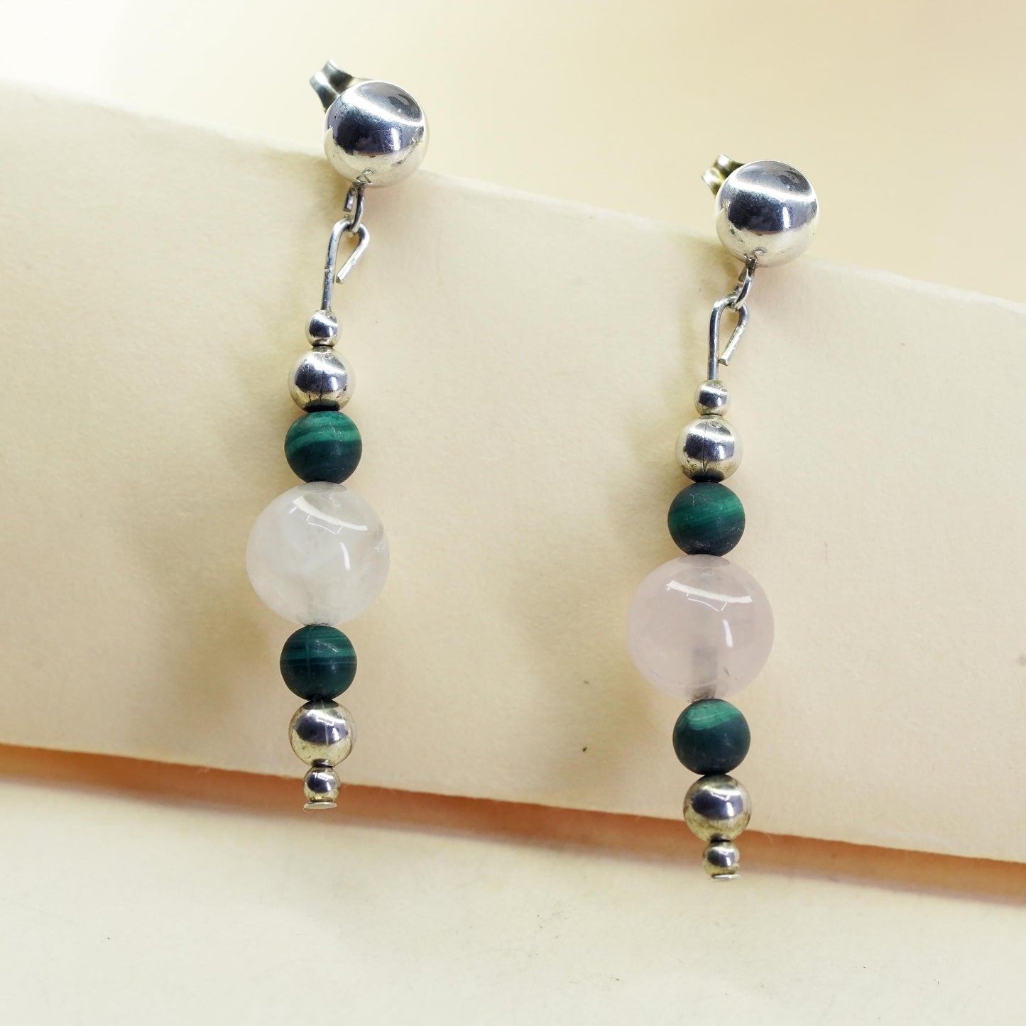 Vintage Sterling 925 silver handmade earrings with pink quartz malachite beads