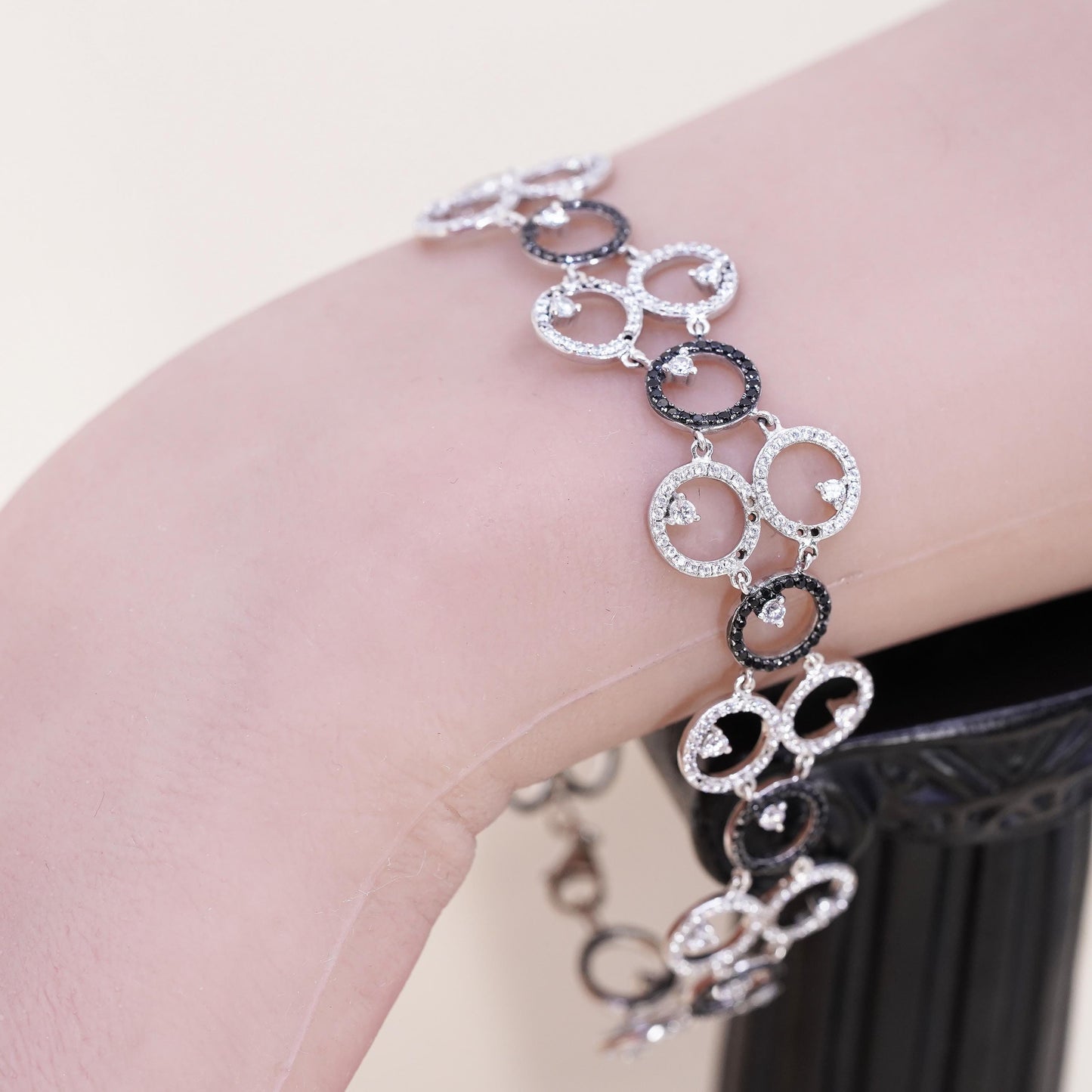 7.75", MISSING CZ, Vintage two tone Sterling 925 silver tennis bracelet with cz