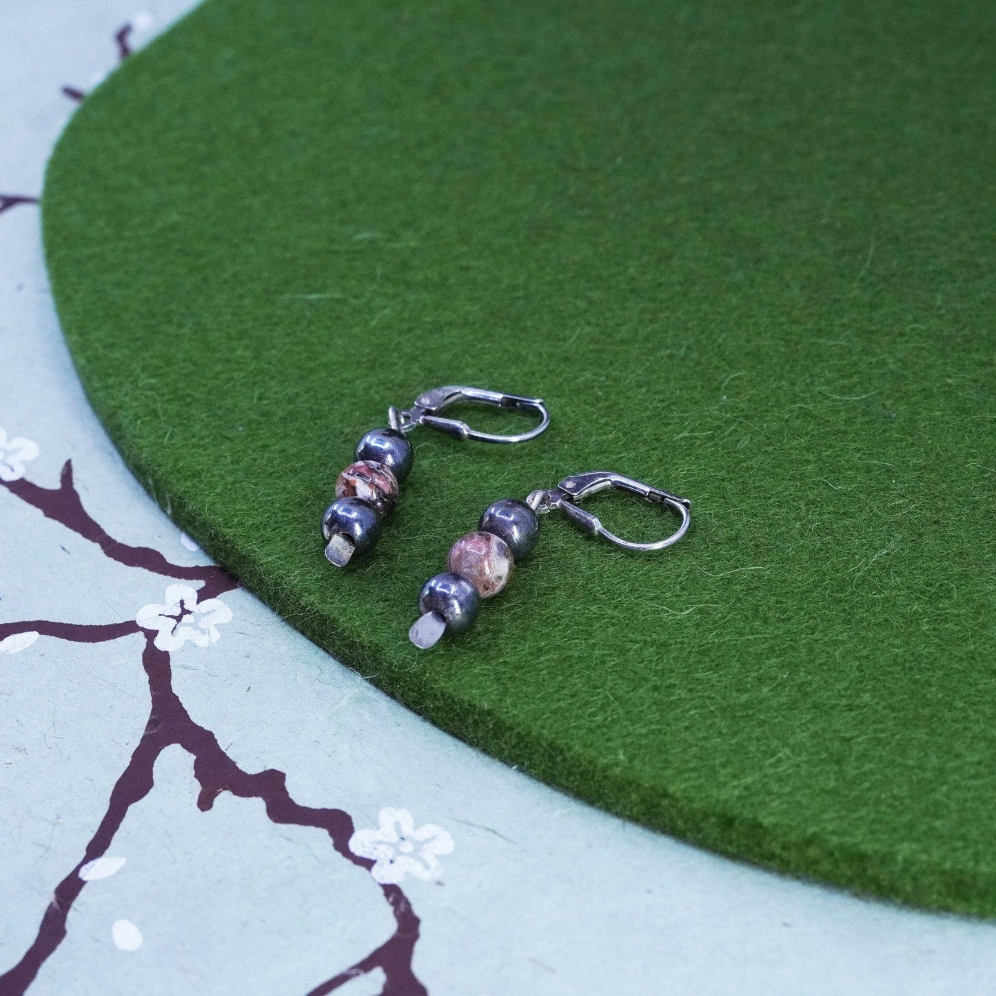 Vintage 925 Sterling silver handmade earrings with hematite and jasper
