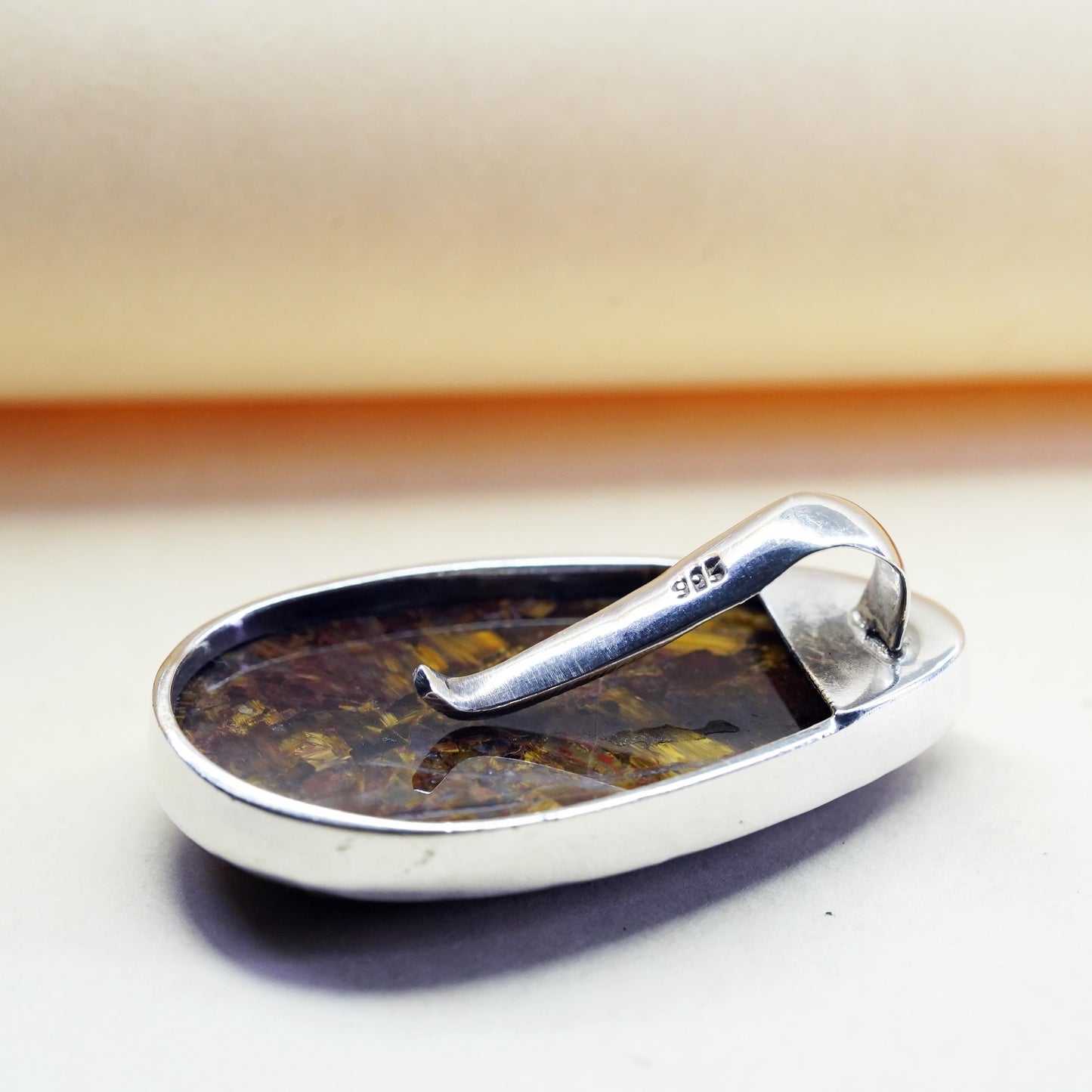 Vintage sterling silver teardrop with golden Pietersite, 925 handmade pendant