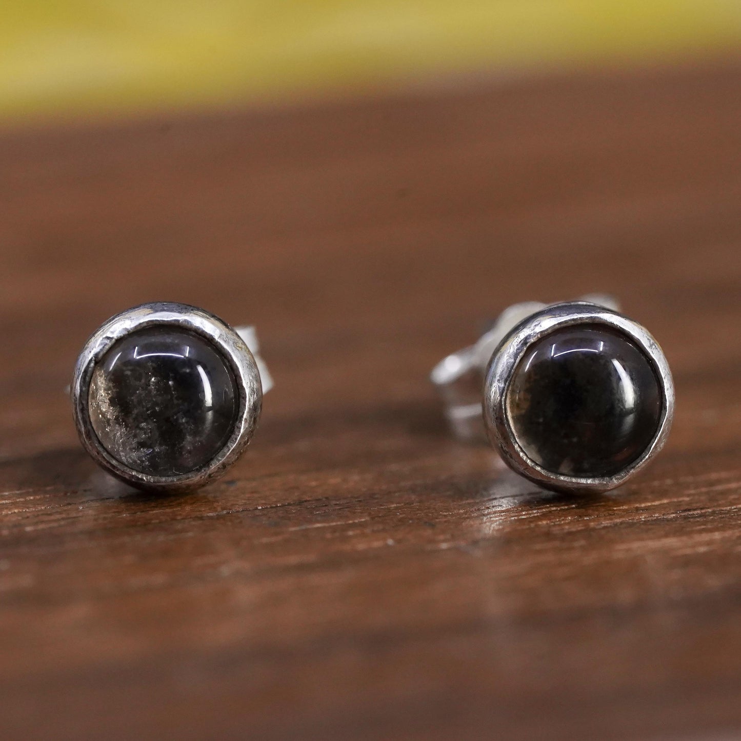 vintage Sterling silver handmade studs, circle earrings with artisan glass