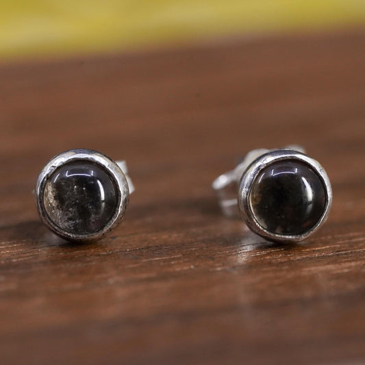 vintage Sterling silver handmade studs, circle earrings with artisan glass