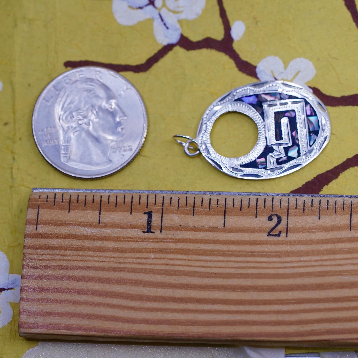 Vintage Sterling 925 silver handmade pendant with abalone inlay