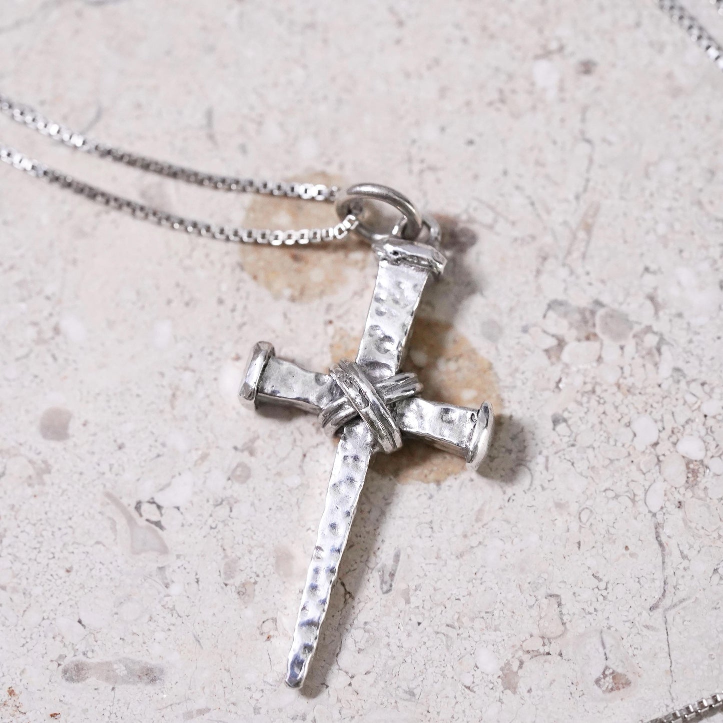 16”, VTG LIRM Sterling silver necklace, 925 box chain textured cross pendant