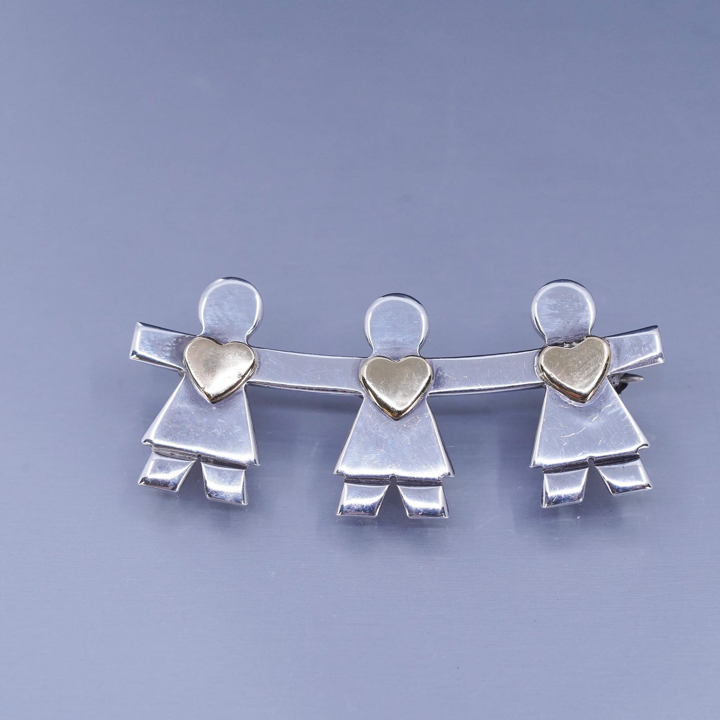 Naldo two tone sterling silver brooch, girls holding hands gold heart, 925 pin