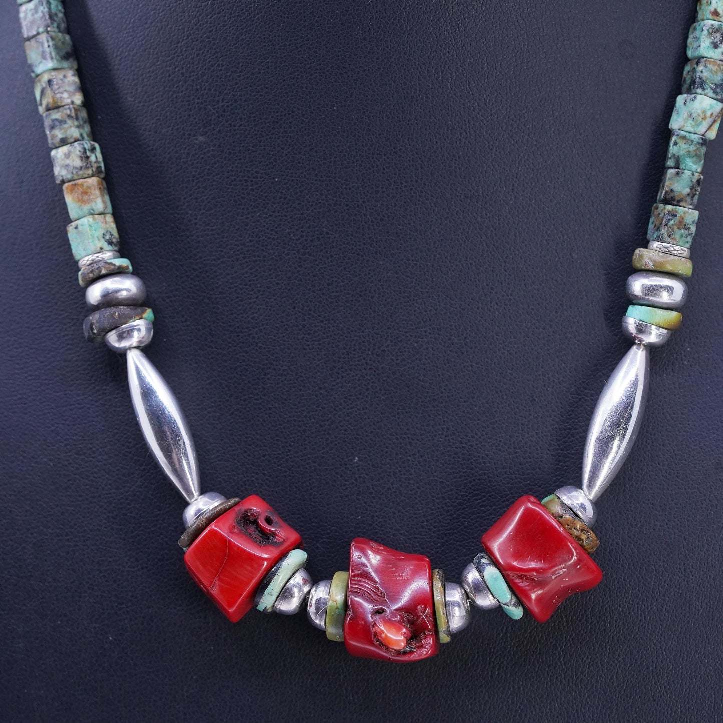 18", Native American Sterling 925 silver heishi necklace turquoise bead coral