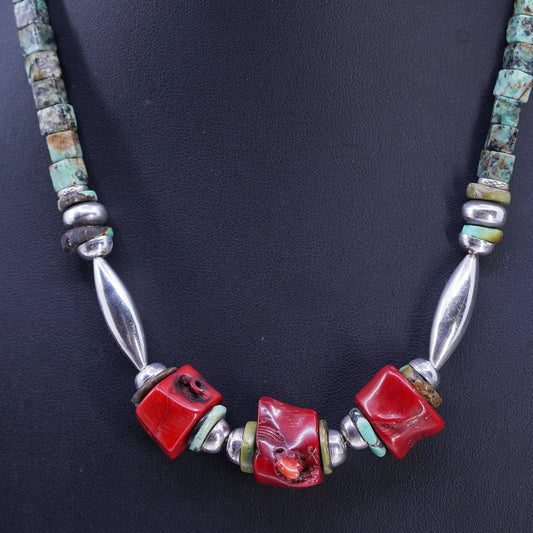 18", Native American Sterling 925 silver heishi necklace turquoise bead coral