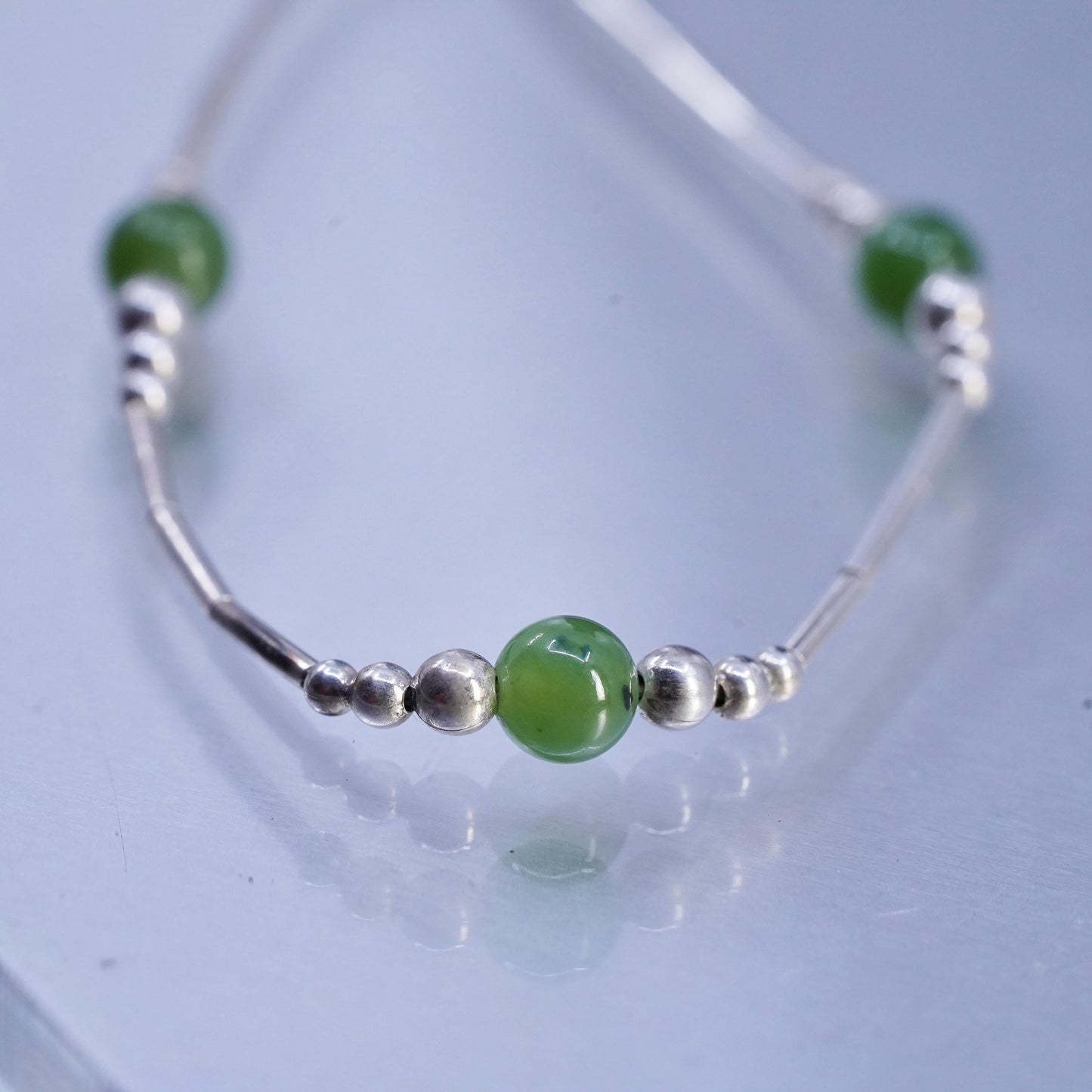 14", Native American Sterling 925 liquid silver handmade necklace jade beads
