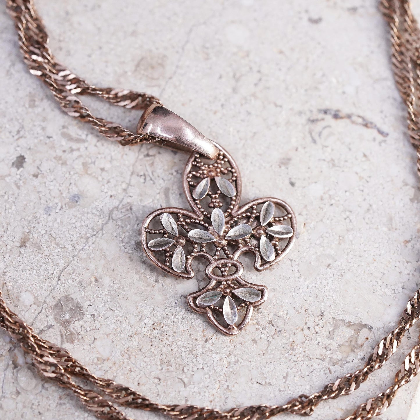 18" rose gold Sterling Silver Fleur de Lis Necklace 925 Floral Filigree pendant