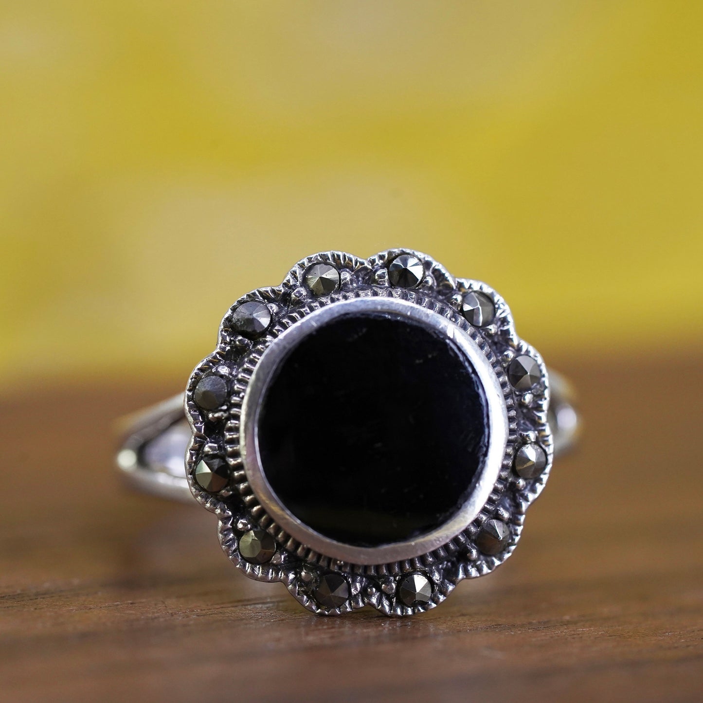 Size 9.25, Sterling 925 silver handmade ring with black onyx and marcasite