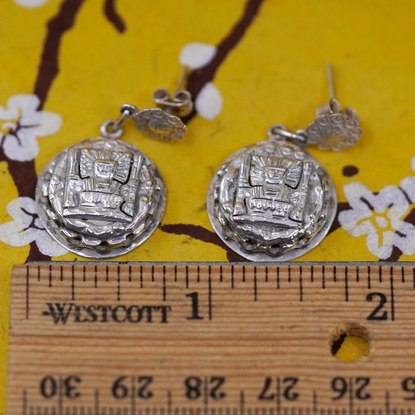 Vintage Sterling silver 925 handmade dangles, Inca sun god Viracocha earrings