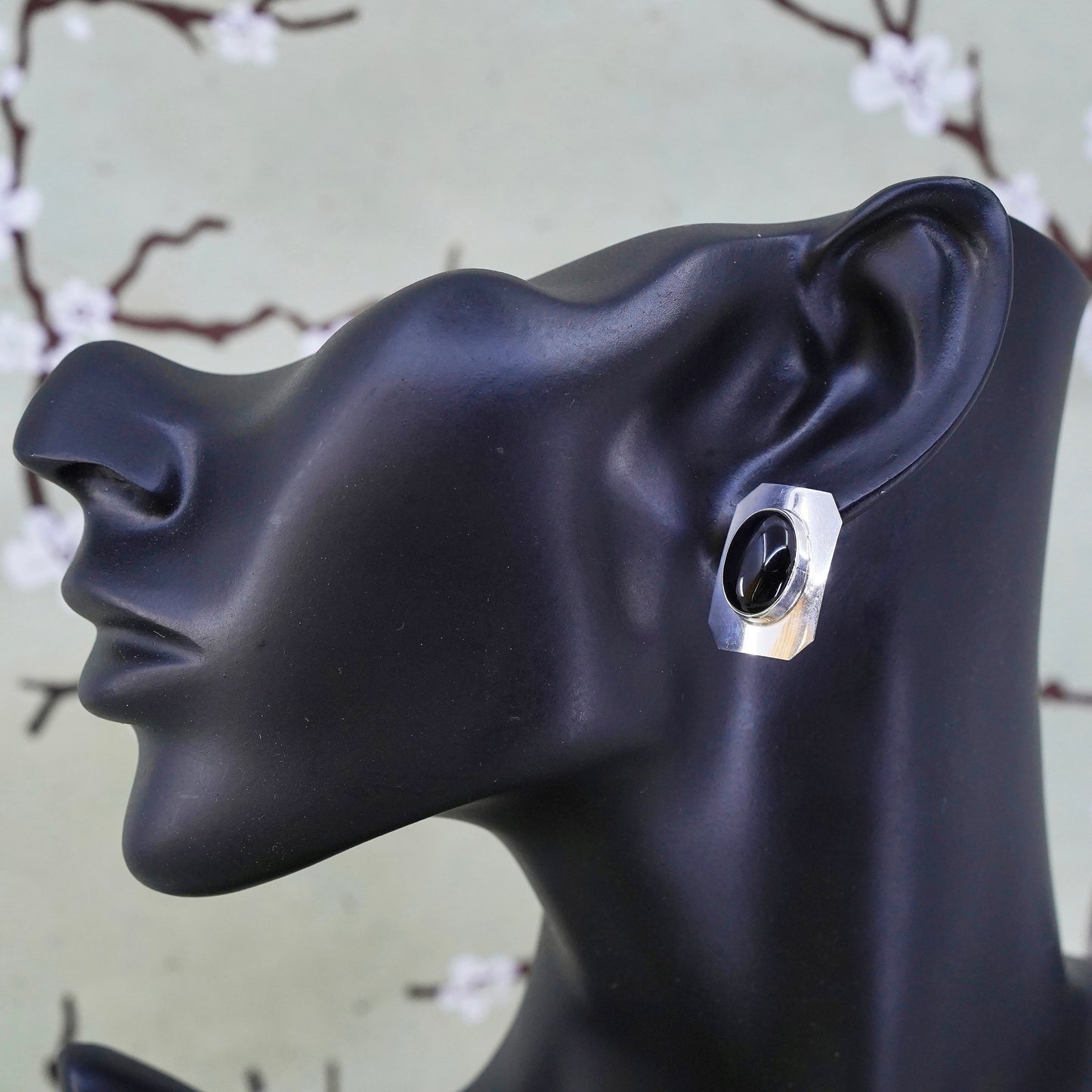 southwestern Sterling silver handmade earrings, 925 rectangular stud oval onyx