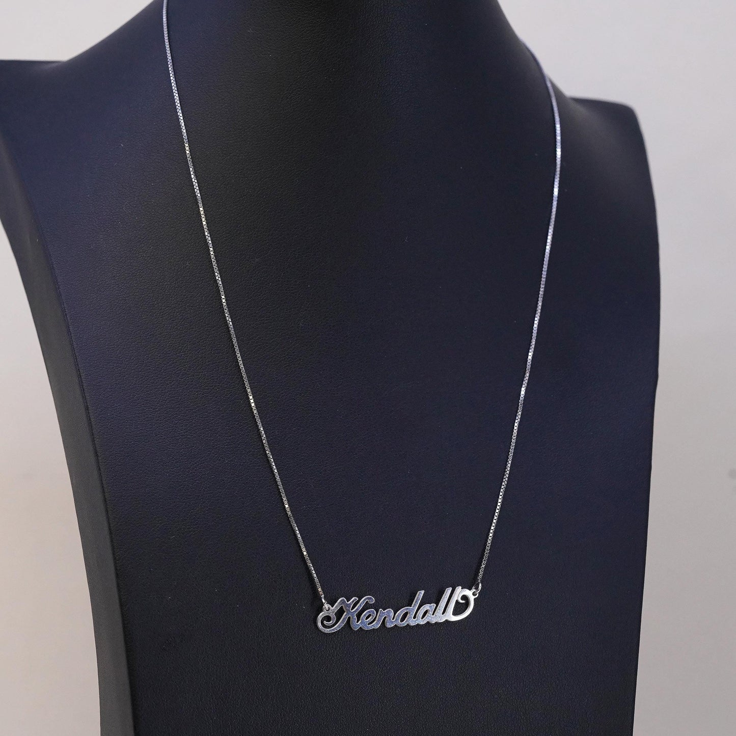 18", vintage sterling silver handmade necklace, box chain name Kendall pendant