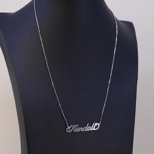 18", vintage sterling silver handmade necklace, box chain name Kendall pendant