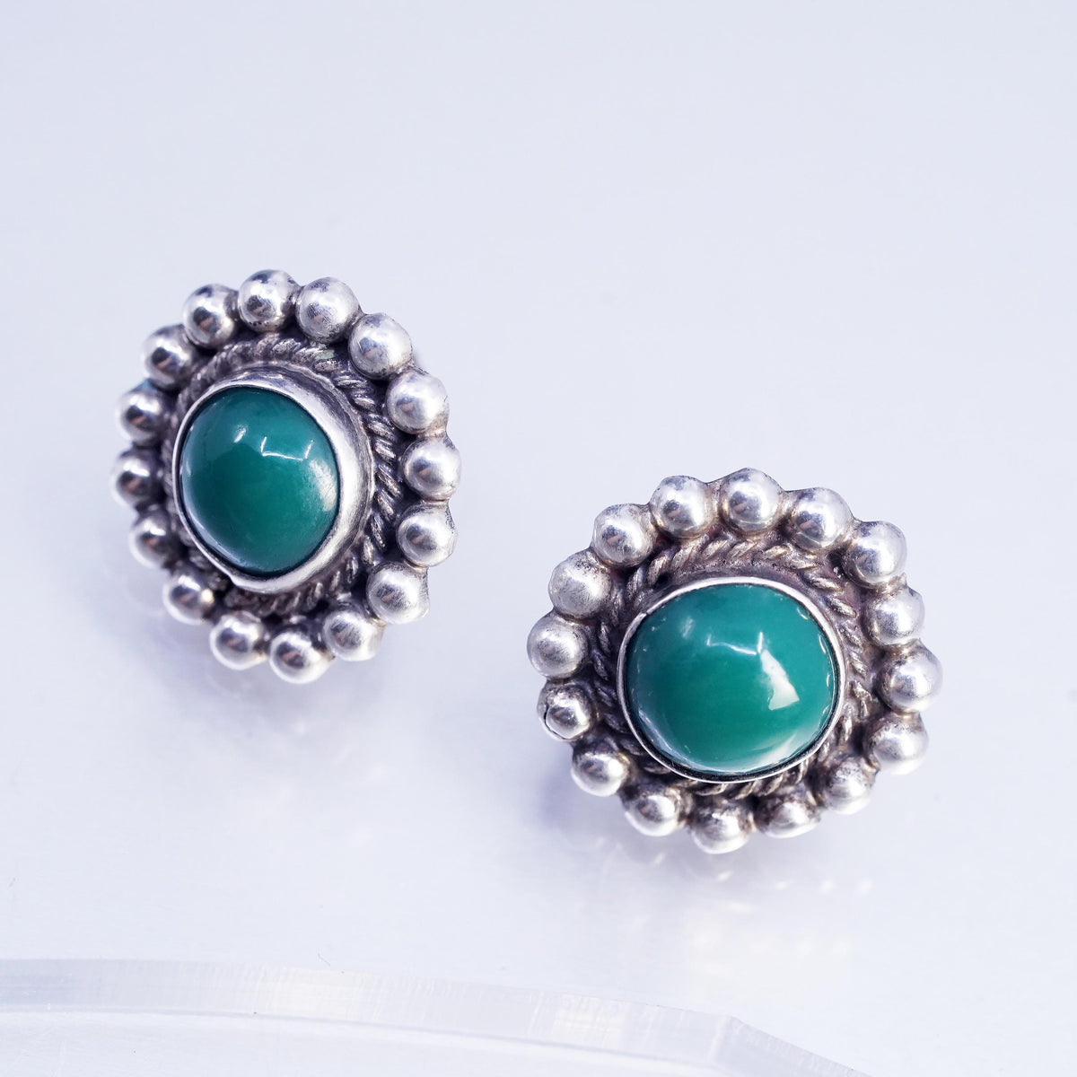 Vintage Mexican Sterling 925 silver earrings, round screw back green jade beads