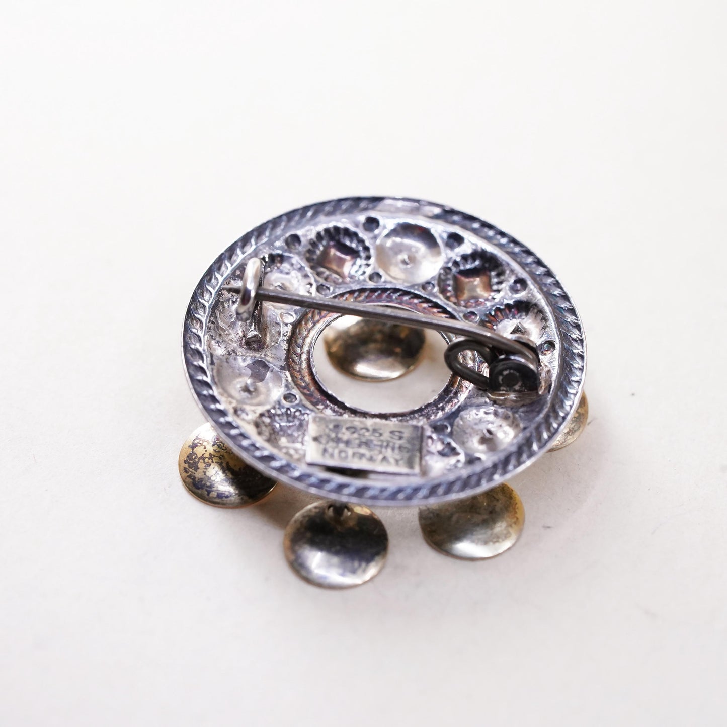 Norway Sterling Silver Brooch 925, Nordic Folk Pin with Discs, Tribal Jewelry