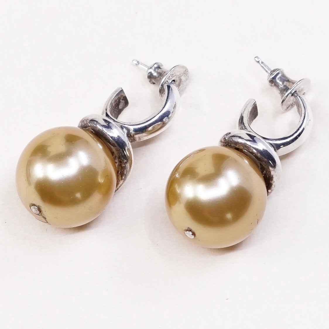 vtg sterling silver freshwater gold pearl earrings, italy 925 huggie earrings