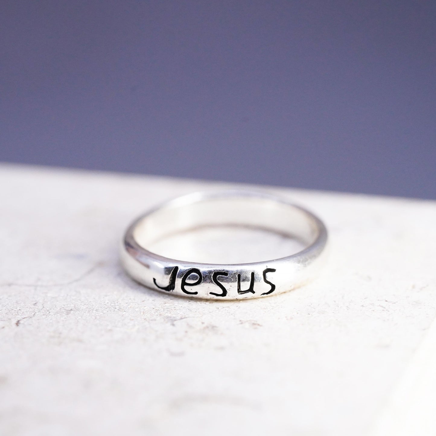 Size 8, vintage sterling silver handmade ring, 925 band with Jesus embossed