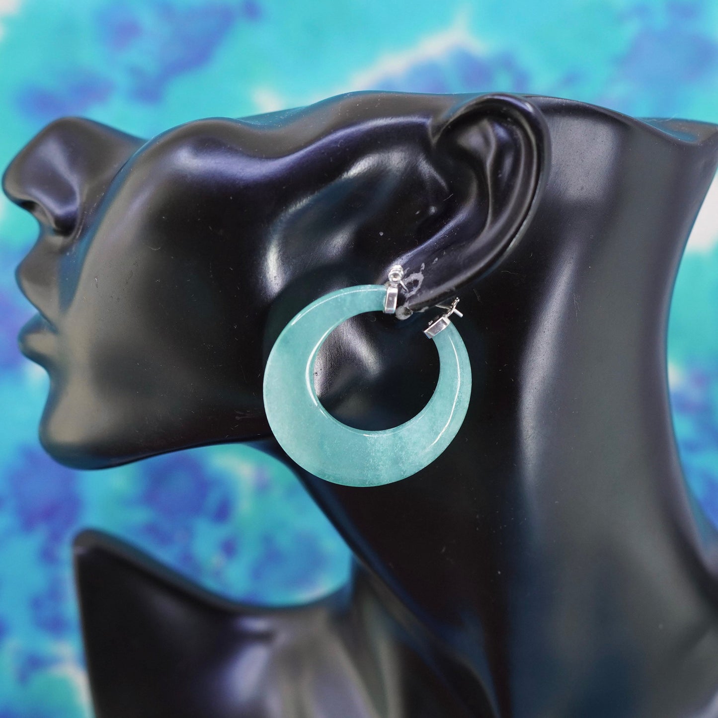 Vintage Sterling 925 silver handmade hoop earrings with jade