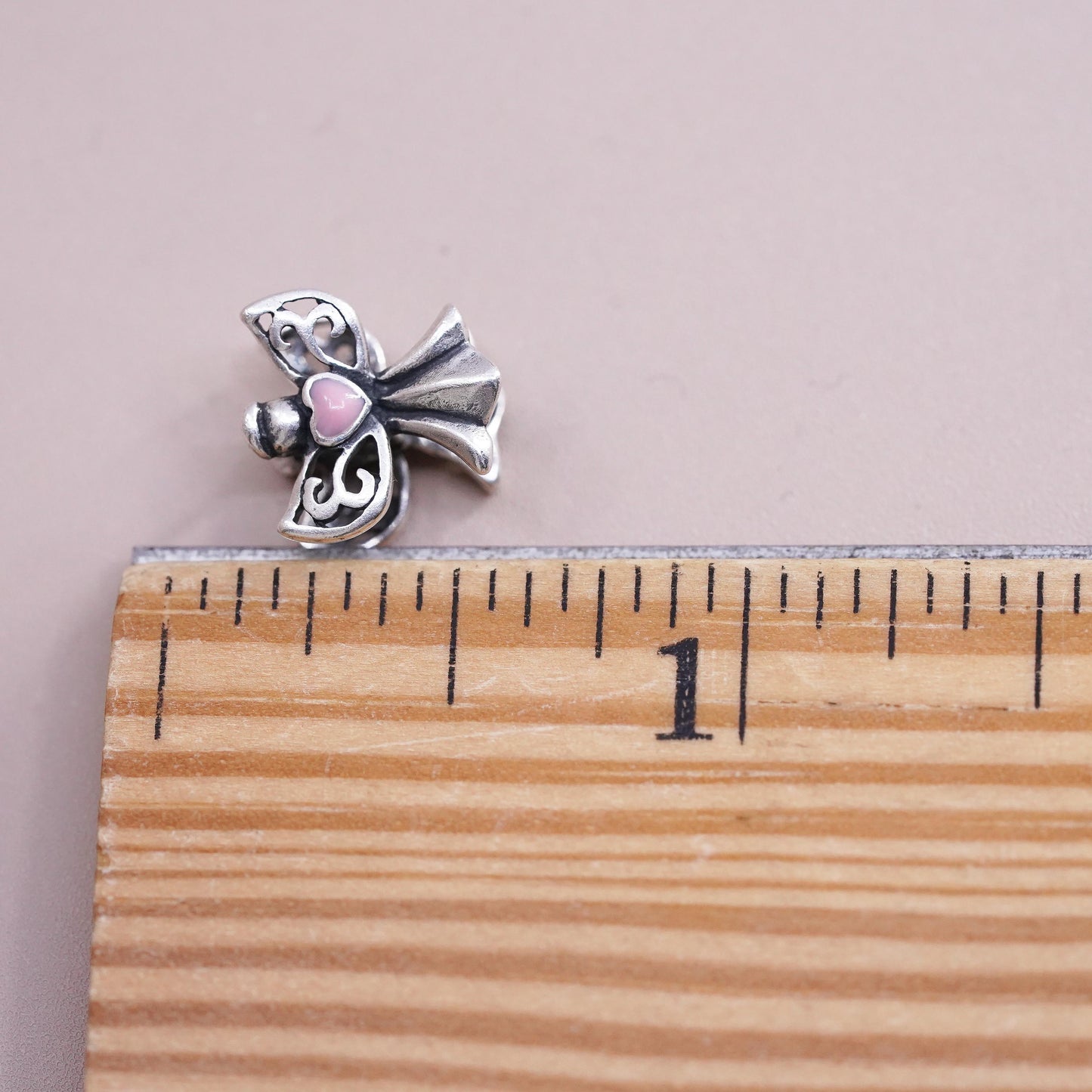 Vintage sterling silver handmade pendant, 925 Angel charm w//pink enamel heart