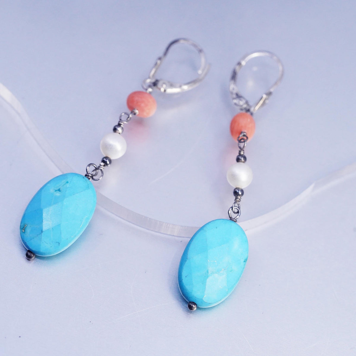 Vintage LUC Sterling 925 silver earrings with turquoise oval pearl beads