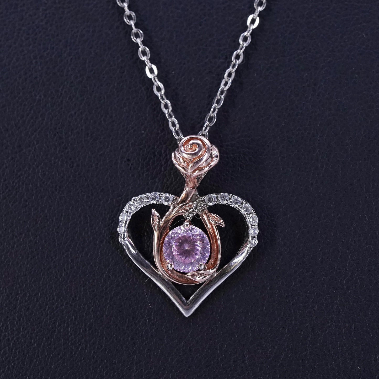 18+2”, two tone Sterling 925 silver flatten circle necklace cz heart pendant