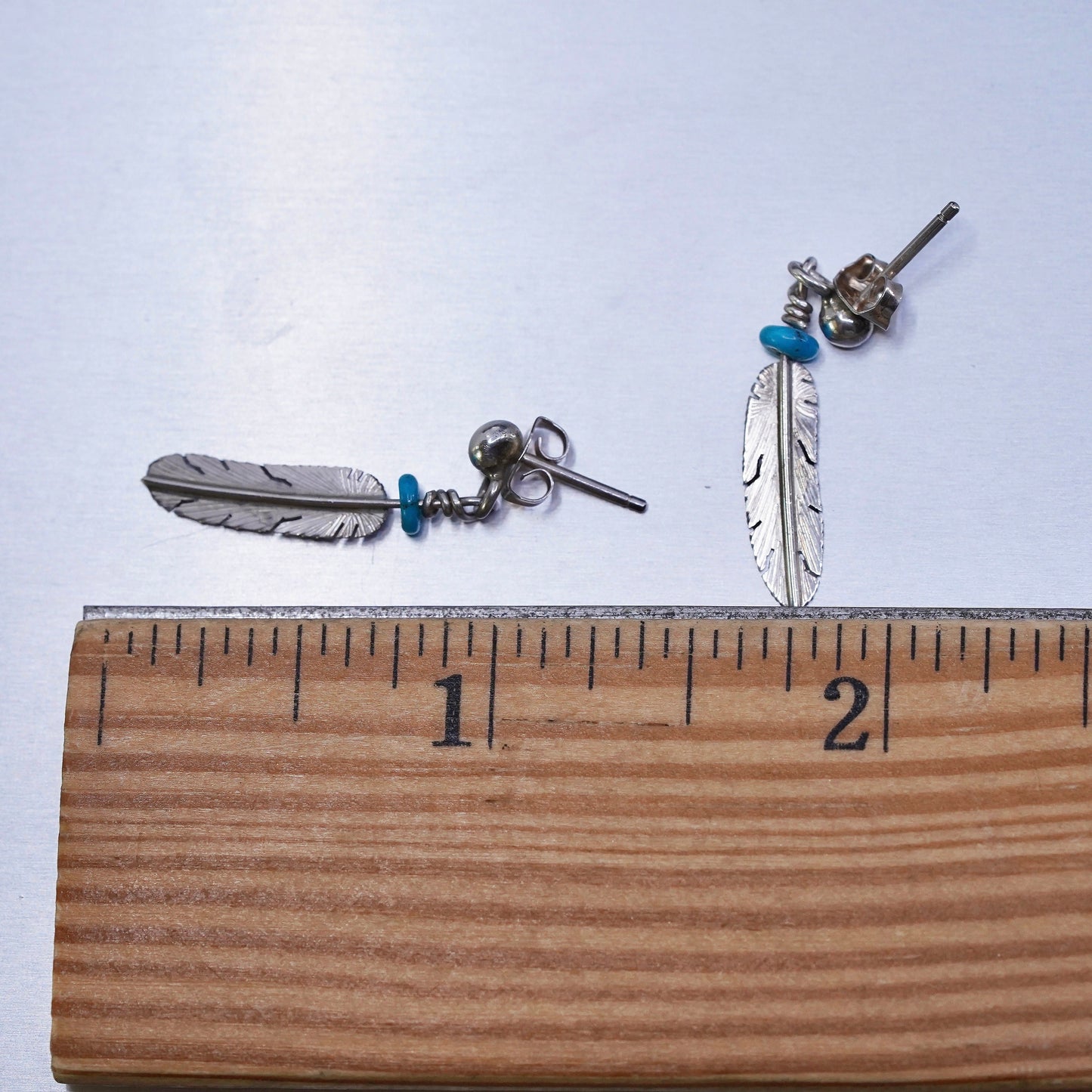 Navajo Native American Sterling 925 silver earrings turquoise feather dangles