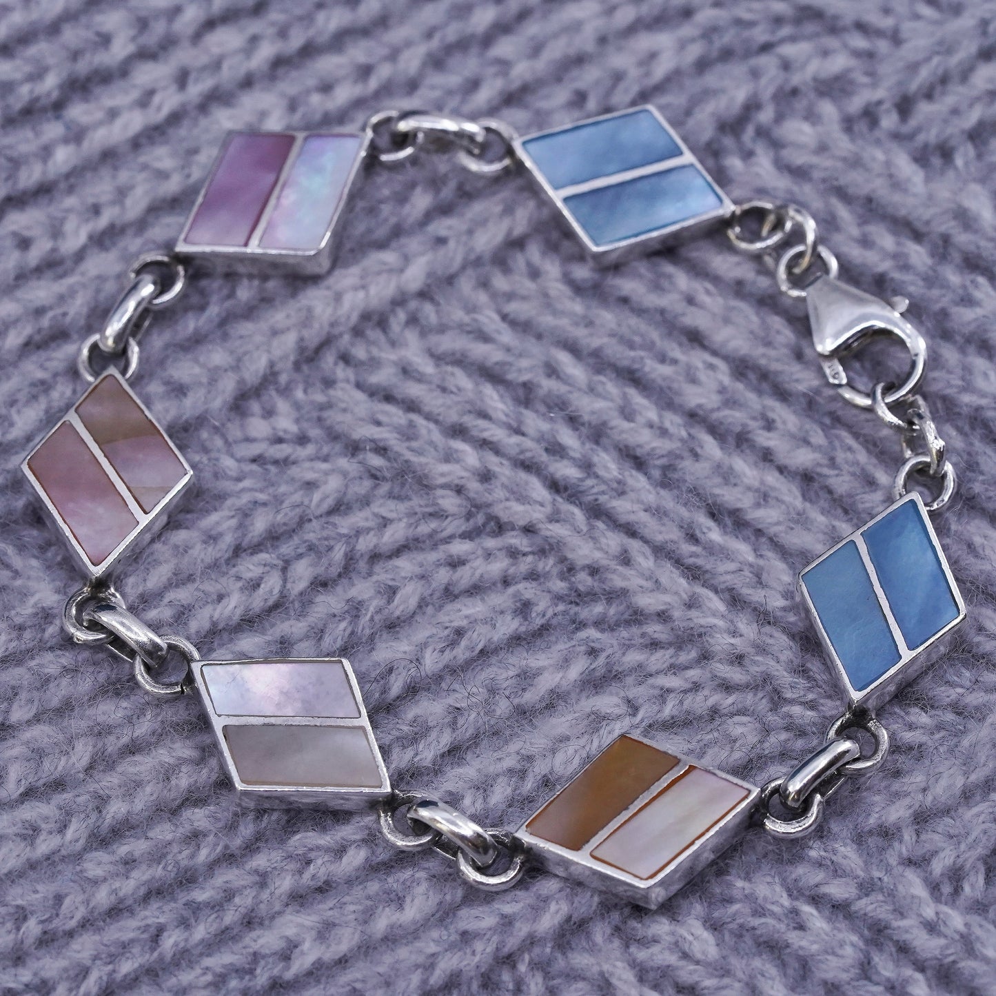 7", vintage sterling 925 silver handmade bracelet with mother of pearl inlay