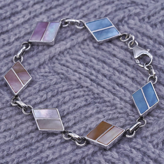 7", vintage sterling 925 silver handmade bracelet with mother of pearl inlay