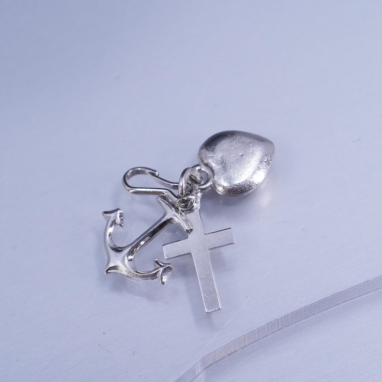 Vintage sterling 925 silver heart cross anchor charm pendant, stamped 925