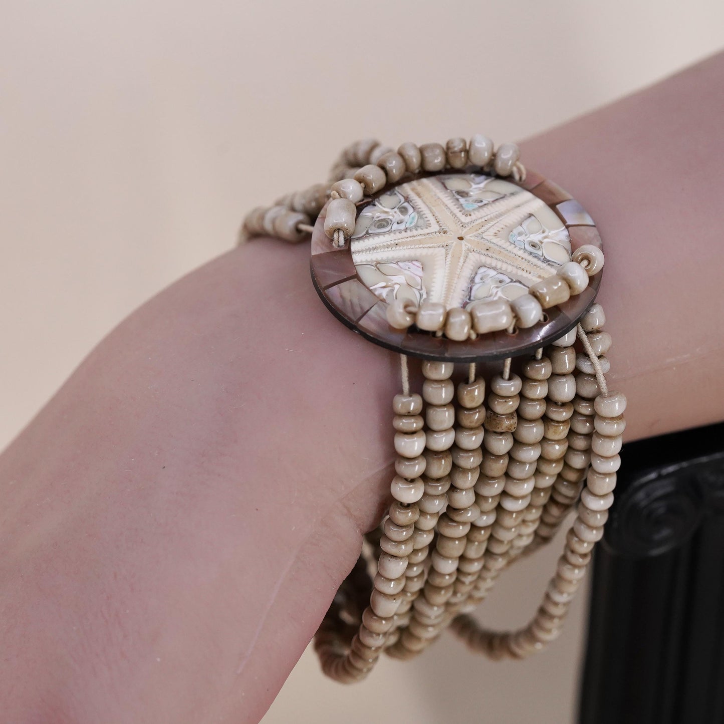 8", Vintage stretchy band, multi strands bead bracelet fossilized sand dollar