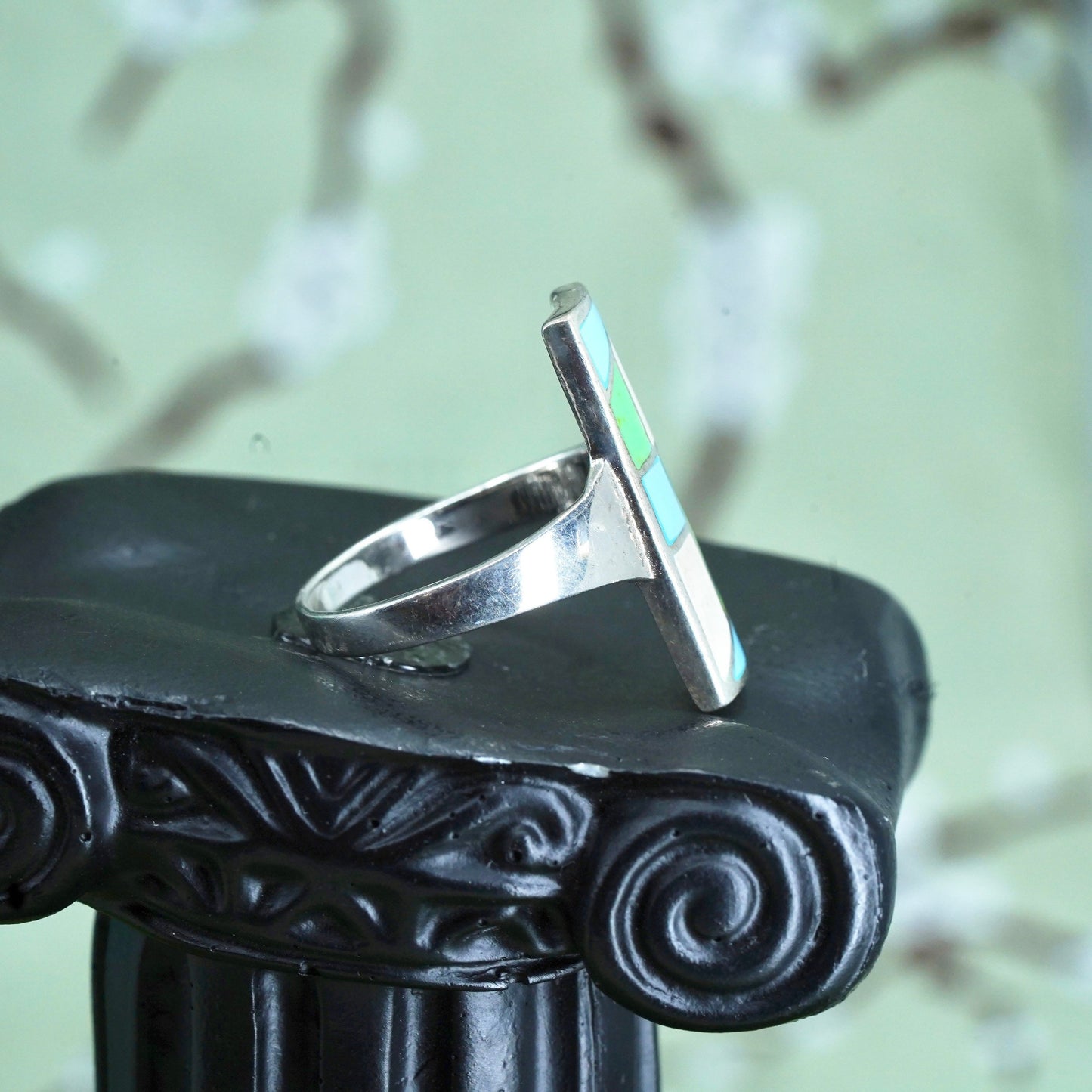 Size 9, Vintage sterling silver handmade ring rectangular mother of pearl inlay