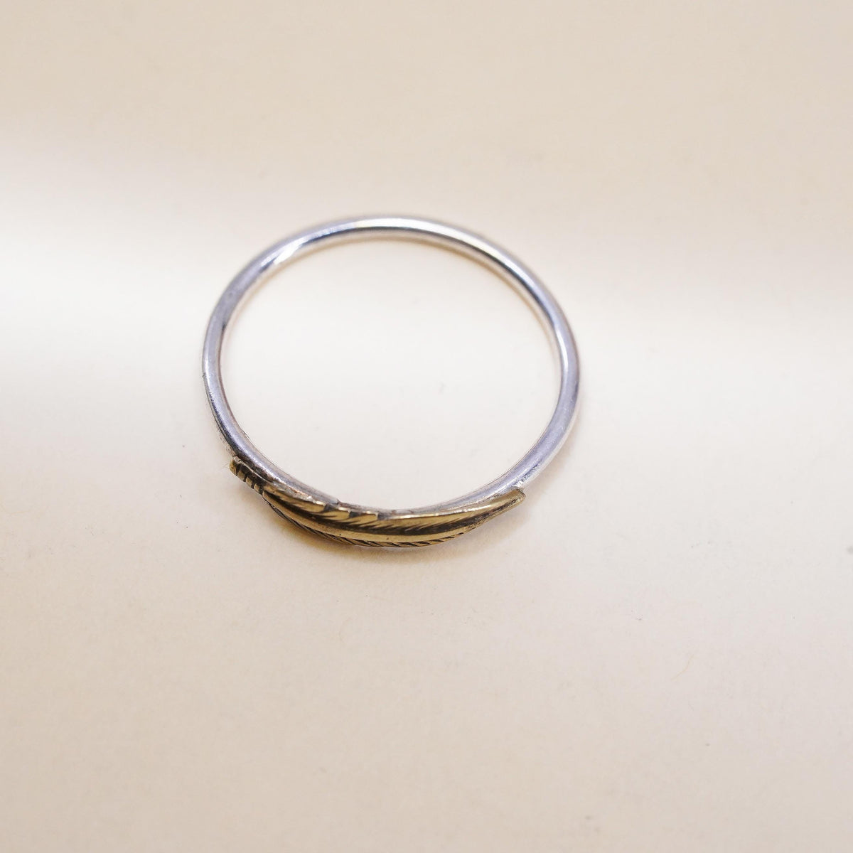 Size 6, Vintage two tone Sterling silver handmade brass feather ring, 925 band
