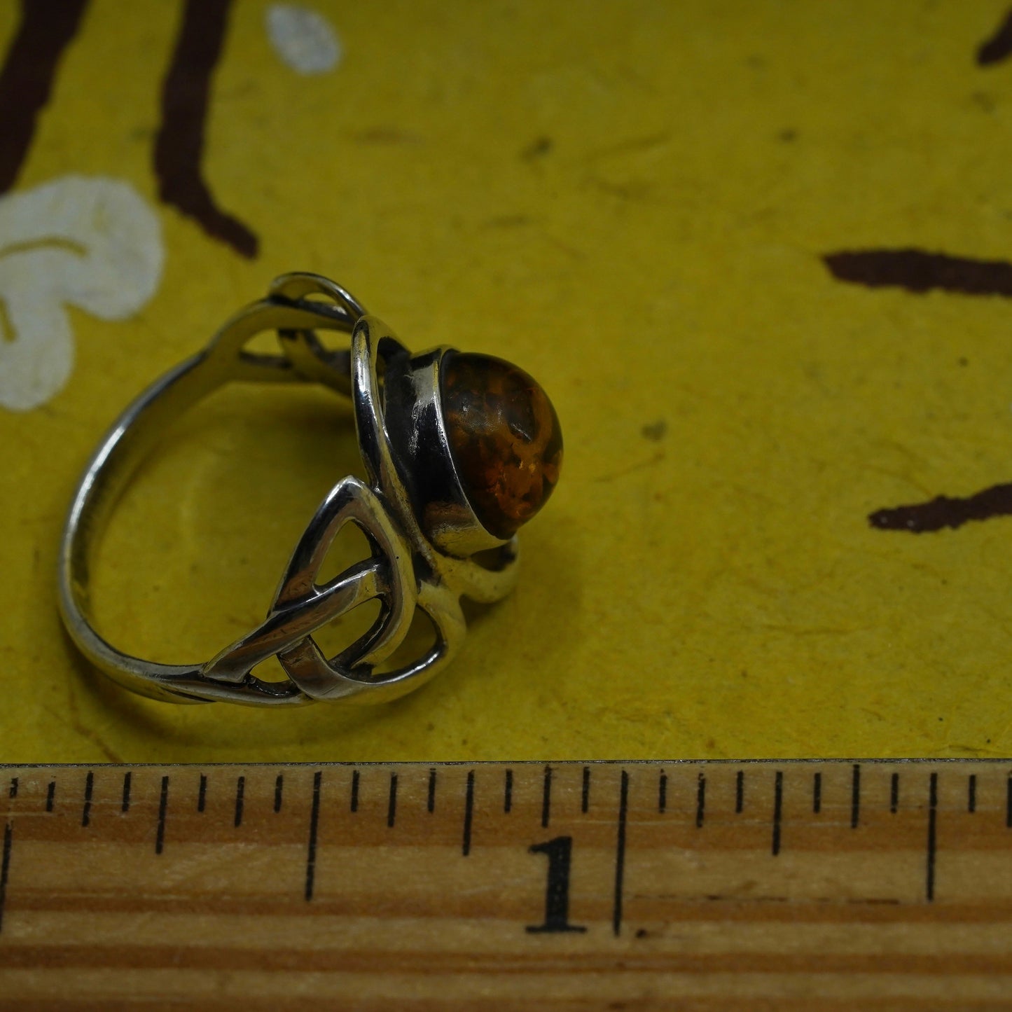 Size 6.25, Sterling 925 silver handmade Irish Celtic knot ring with round amber
